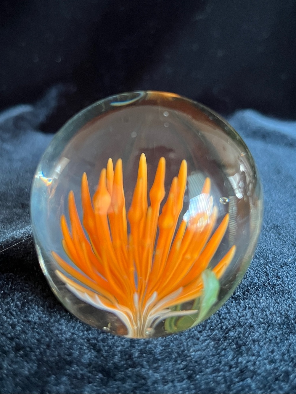 Vintage Hand Blown Small Paperweight with Orange Flower